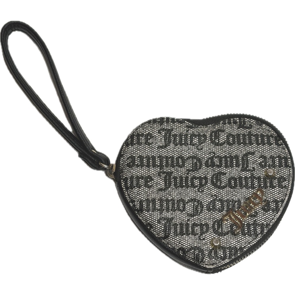Vtg Y2K Juicy Couture Heart Wristlet Coin Purse Gothic Monogram Black Grey 2000s